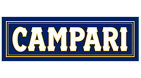 Campari brand logo with bold white letters inside a navy blue rectangular background.