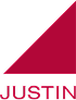 Red triangular shape above the name 'JUSTIN' in red uppercase letters.
